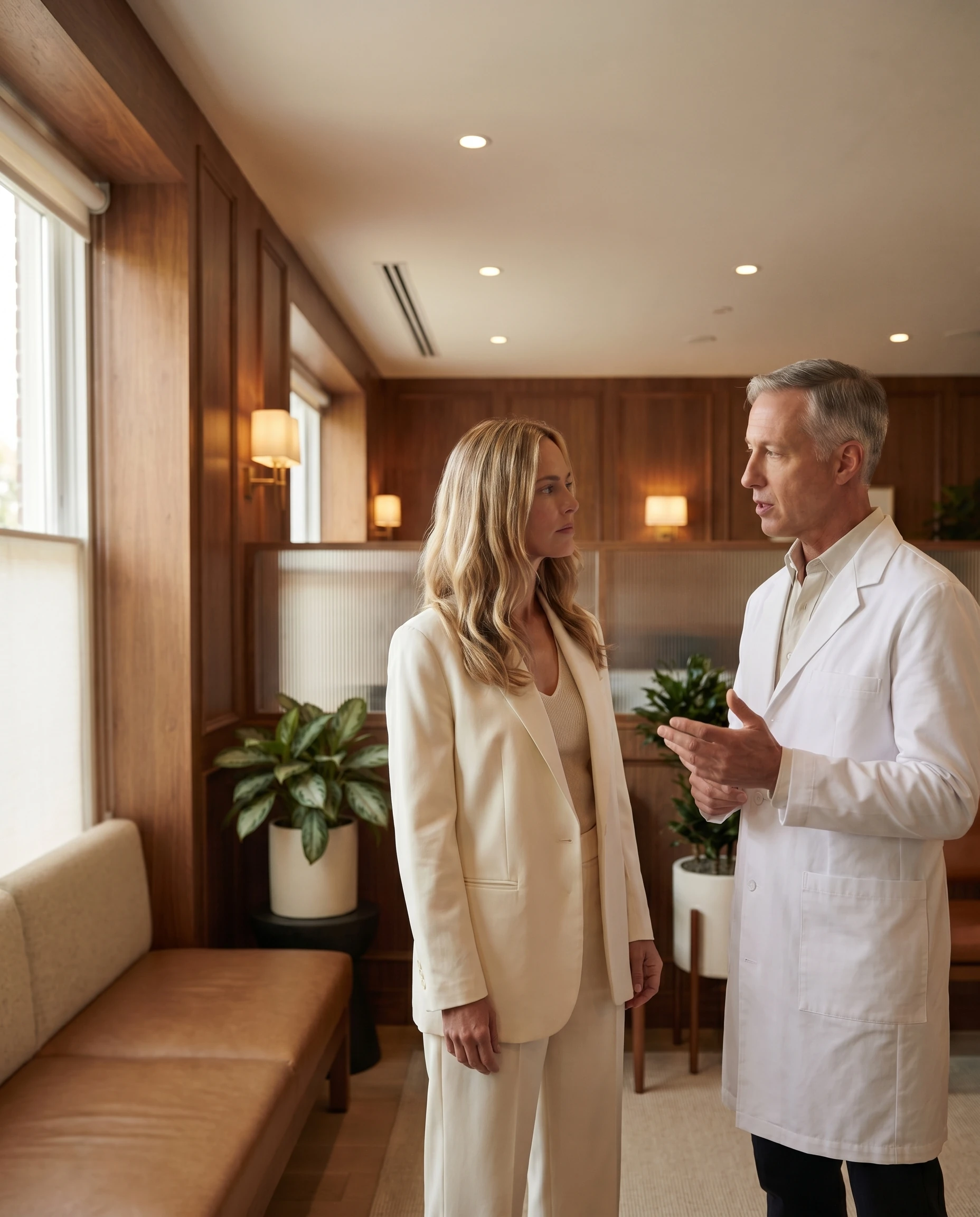 A consultation in a calm, marble-toned setting