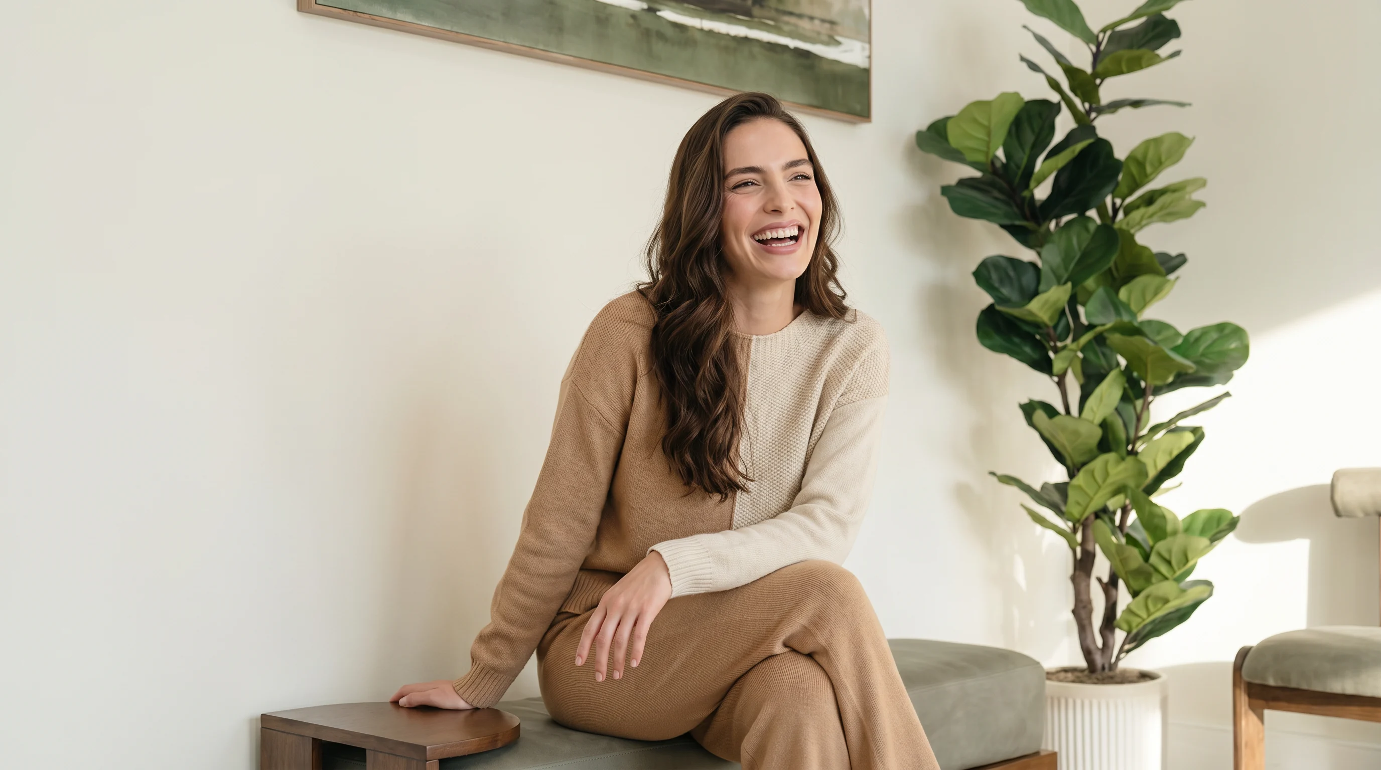 A person relaxed and laughing in the plant-filled seesmile Dental Studio